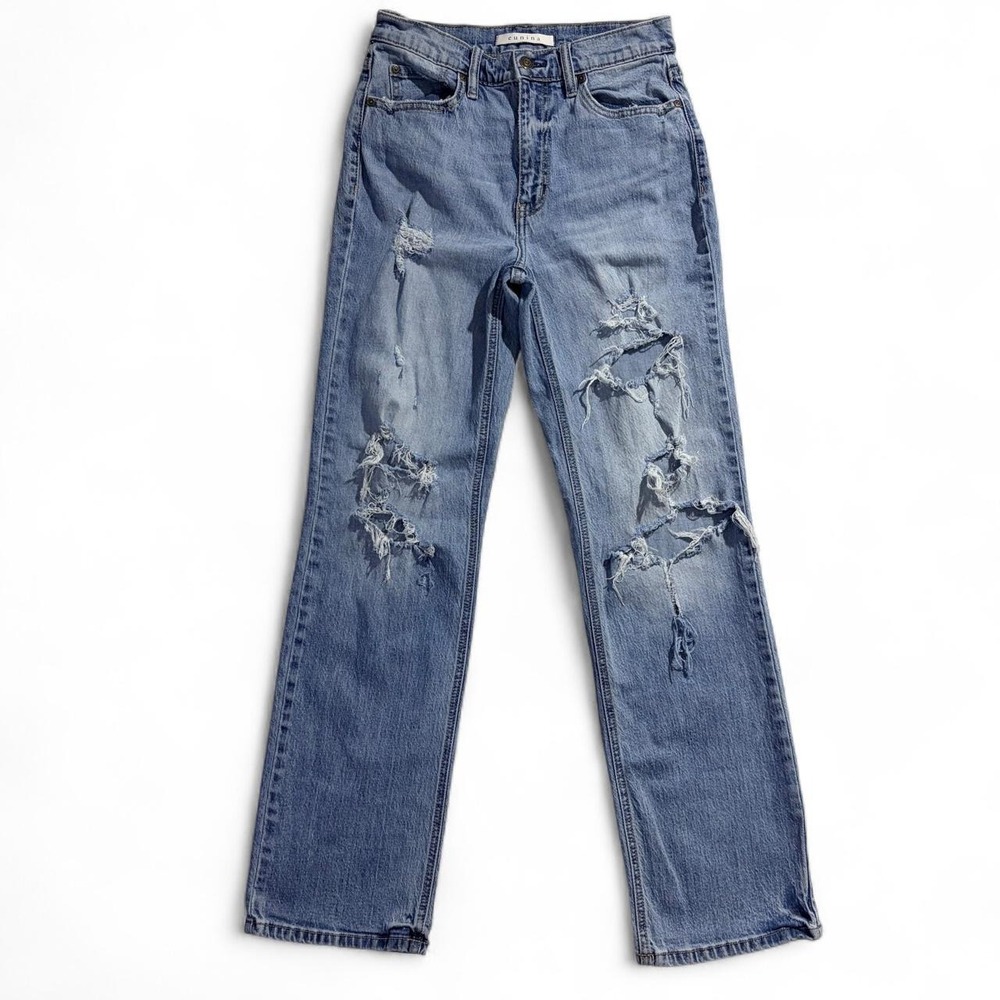 Eunina Womens Size 5 Super High Rise Dad Jean Blue Distressed Denim Straight Leg